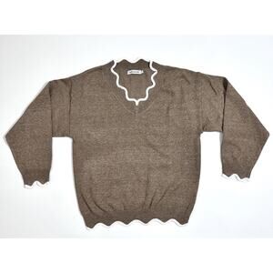 Misslook Women's Sweater Knit Wool Scalloped Neckline Hem Brown White Size L